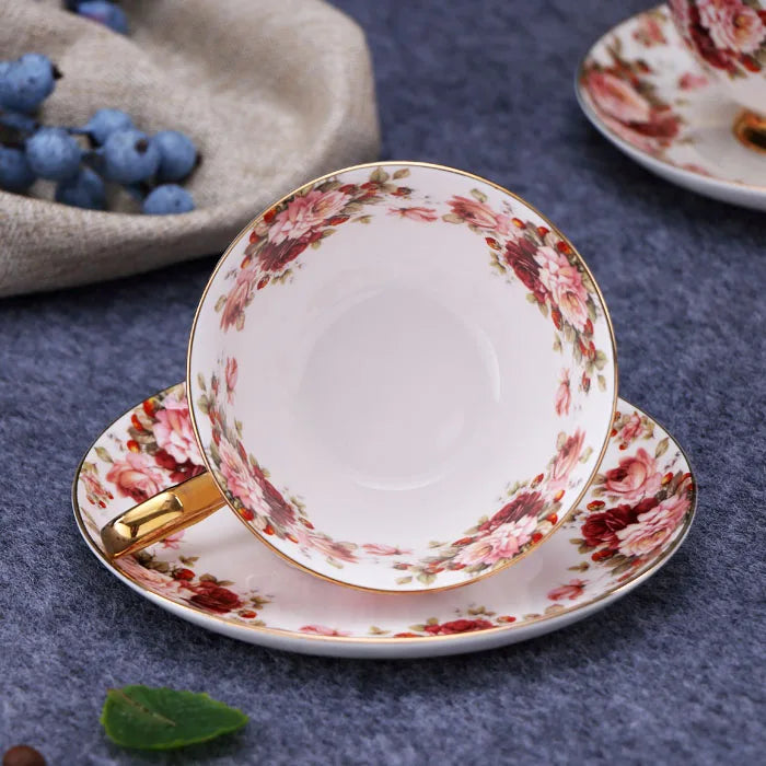 DecorBites™ Elegant Floral Tea Set - 200ml Capacity Bone China Cup, Saucer, and Spoon