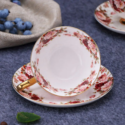 DecorBites™ Elegant Floral Tea Set - 200ml Capacity Bone China Cup, Saucer, and Spoon