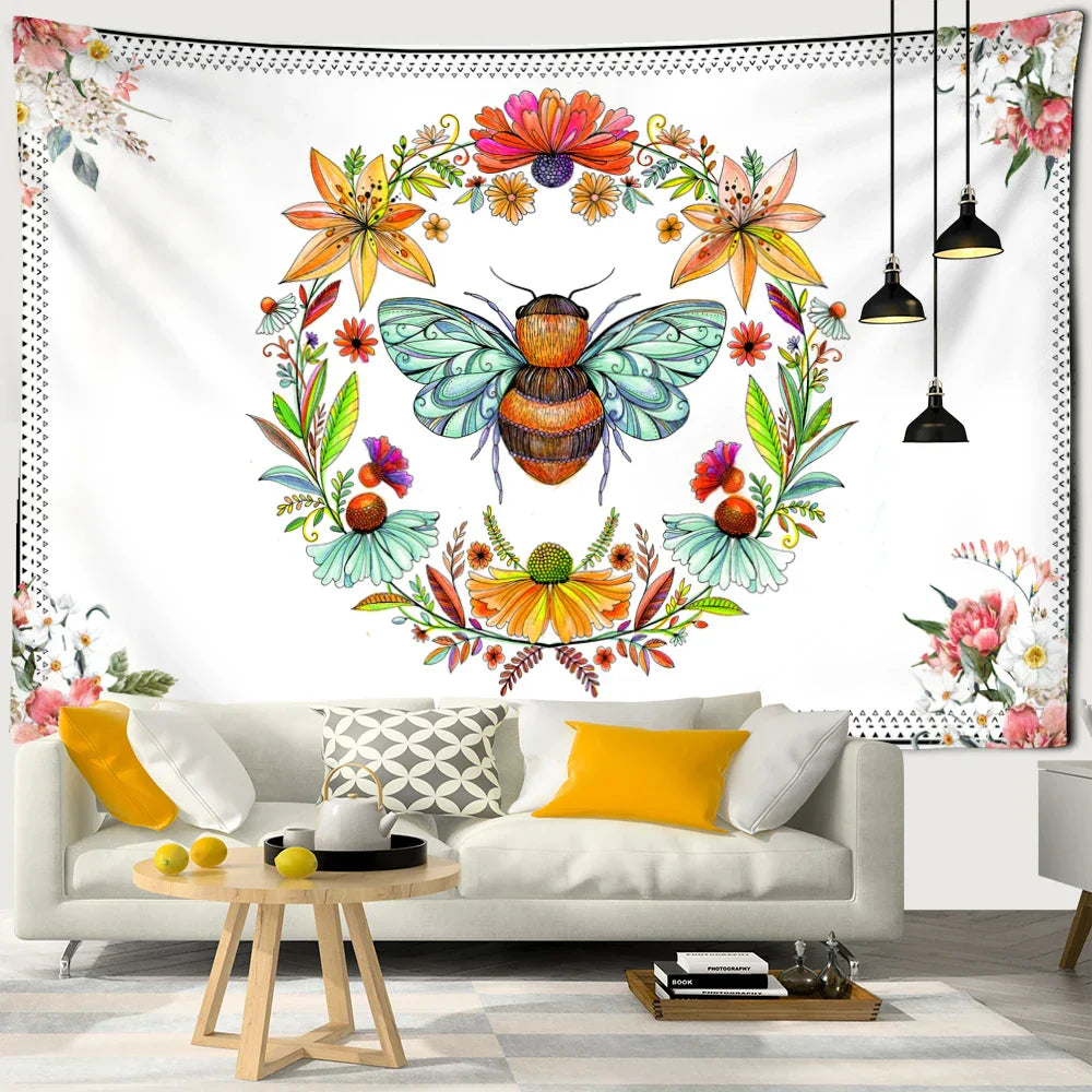 Decobites Plants Honeybee Wall Hanging Tapestry, Bohemian Beach Mat, Yoga Mat, Bedroom Art Decor