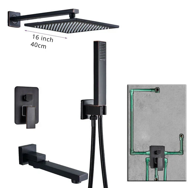 Grifo de ducha DecorBites™ de latón negro con mezclador de 2 vías, teleducha y rociador tipo lluvia