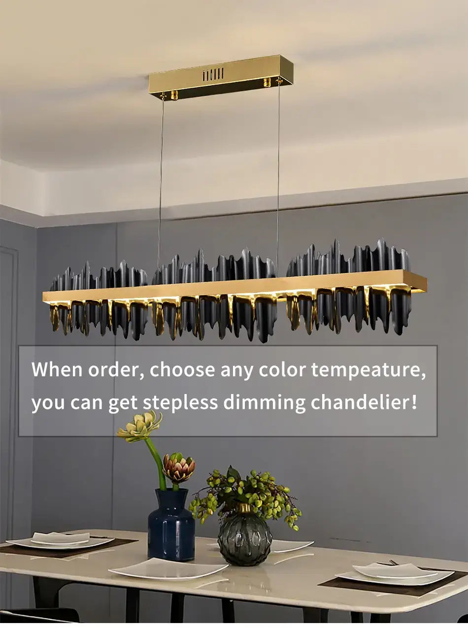 Modern gold and black rectangular led chandelier lighting with a sleek iceberg design for dining room use
