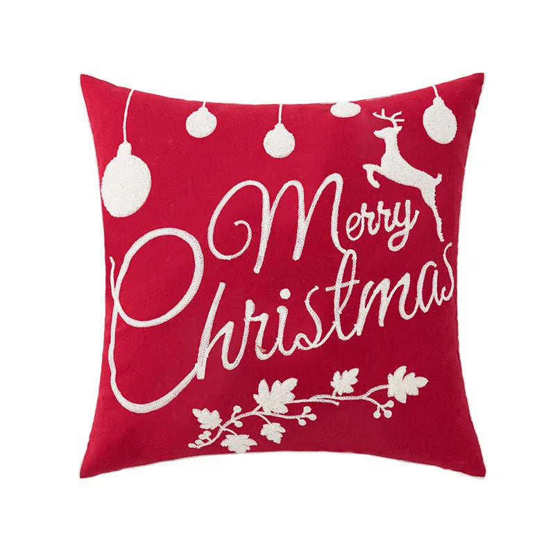 DecorBites™ Christmas Embroidered Cushion Cover 45x45cm - Red Green Santa Snowflake Deer Snowman