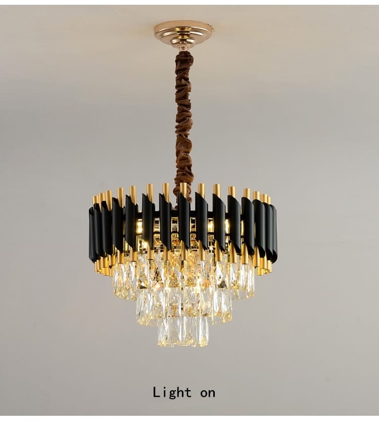 Luxury k9 crystal tiered chandelier in black and gold featuring crystal droplets designed as a nebra luxury dining room light crystal chandelier.