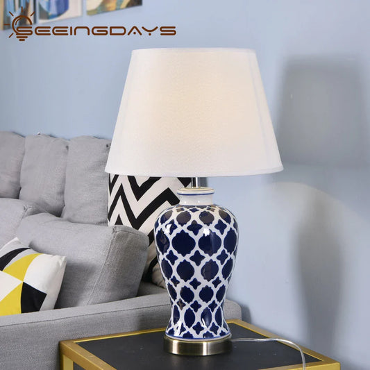 DecorBites™ Blue Ceramic Table Lamp - American Retro LED Table Lamp for Bedroom, Living Room