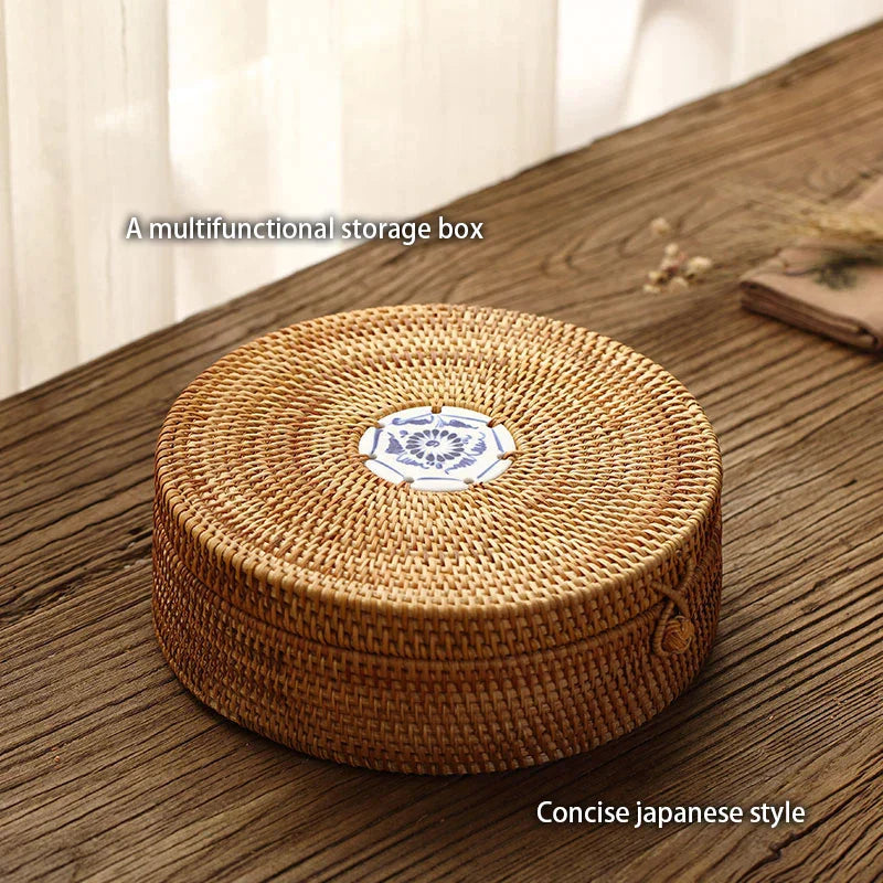 DecorBites™ Handwoven Rattan Storage Box with Lid - Kitchen Organizer & Decorative Basket