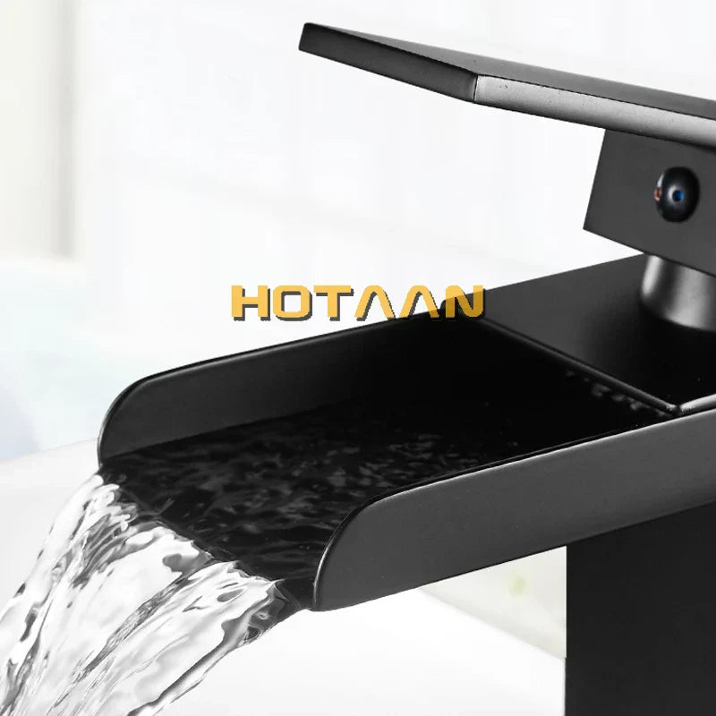 DecorBites™ Black Plated Brass Waterfall Bathroom Basin Faucet Mixer Square Vanity Sink