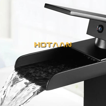 DecorBites™ Black Plated Brass Waterfall Bathroom Basin Faucet Mixer Square Vanity Sink