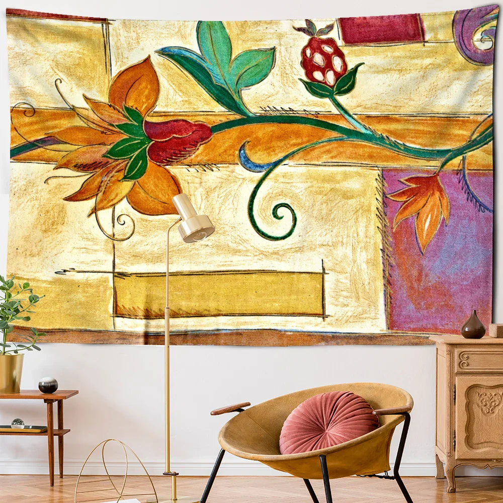 Yellow Flowers Ink Tapestry Wall Mount Bohemian Style by Decobites - Mandala Witchcraft Decor