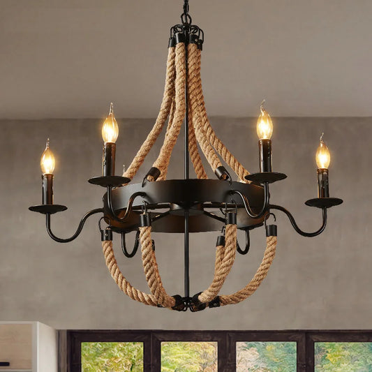 DecorBites™ Industrial Hemp Rope Chandelier: Vintage Loft Style for Bar, Coffee, and Home Lighting