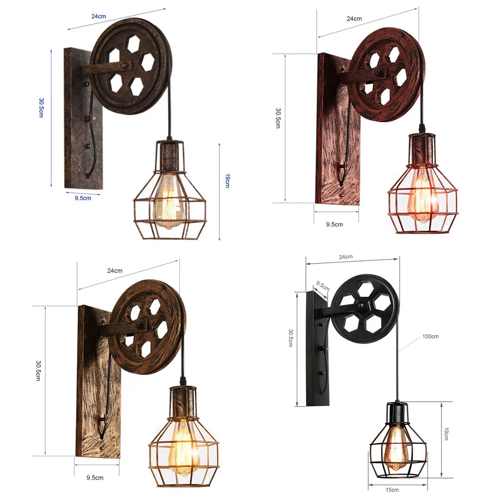 DecorBites™ Industrial Pulley Wall Lamp Adjustable Sconce Light Fixture Loft Cafe Bar