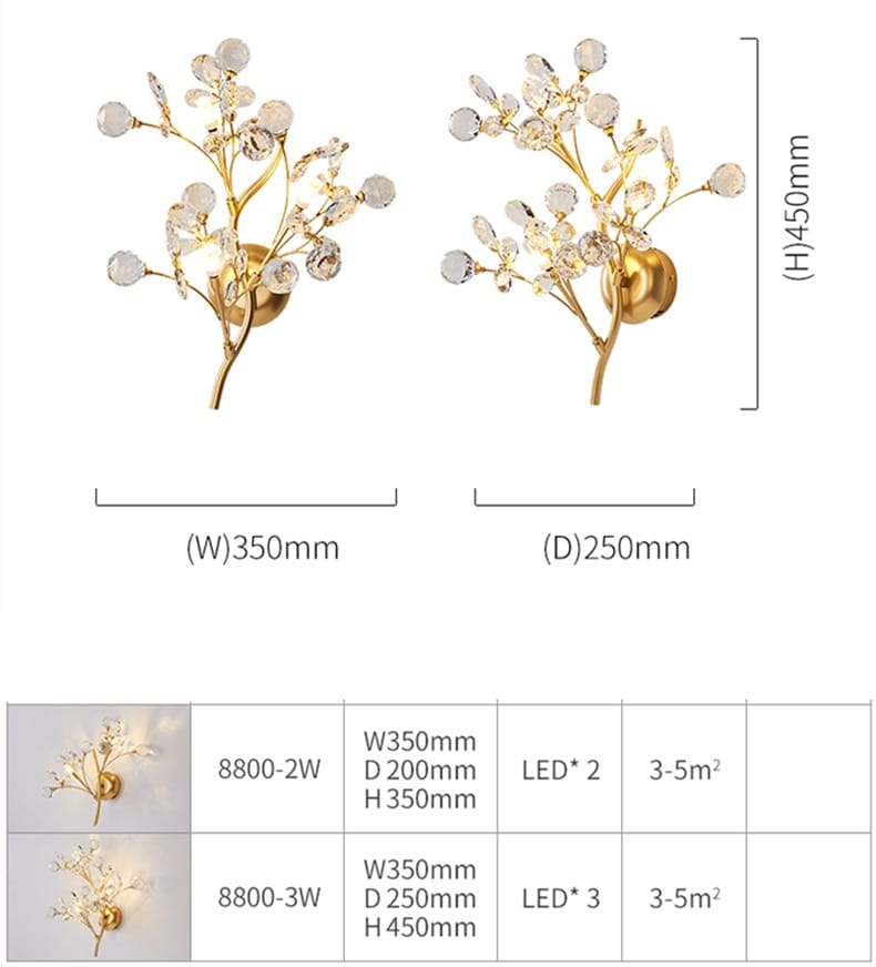 Post modern luxury gold-toned wall sconce with delicate branch design adorned with clear crystal-like beads for bedroom lighting in luxury branch style.