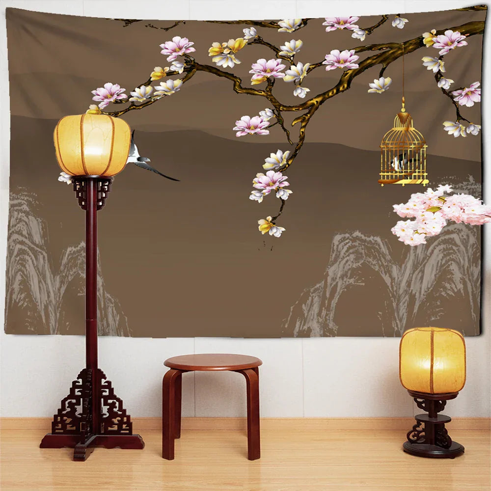 Decobites Peach Blossom Birdcage Lotus Tapestry Wall Hanging