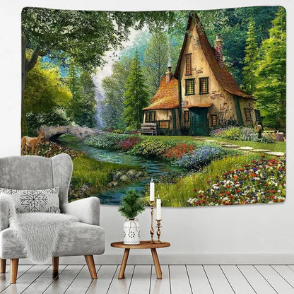 Fairy Tale Cottage Forest Tapestry - Decobites Bohemia Art Print Wall Hanging