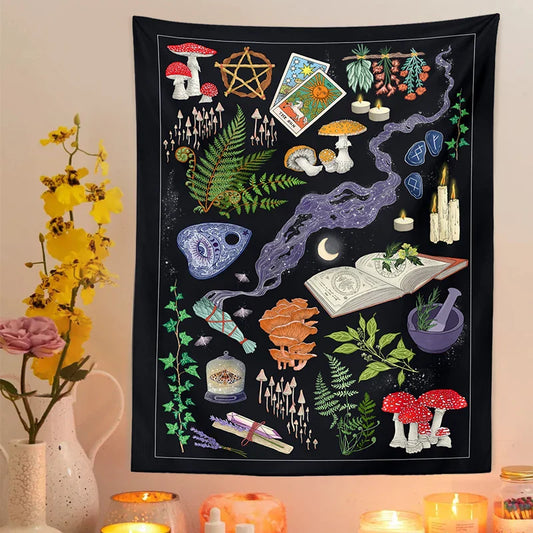 Decobites Tarot Mushrooms Moon Starry Botanical Hippie Boho Tapestry Wall Hanging