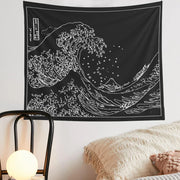 Decorbites™ Tapiz de la Ola de Kanagawa en Negro y Blanco Colgante de Pared Arte Vintage Japonés de Surf