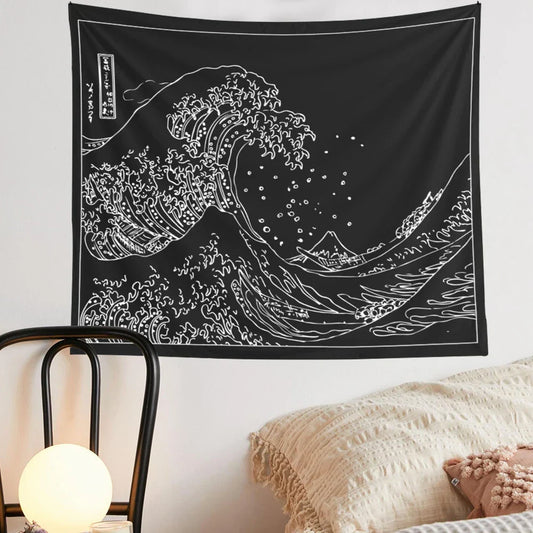 DecorBites™ Kanagawa Wave Black White Tapestry Japanese Surfing Vintage Art Wall Hanging