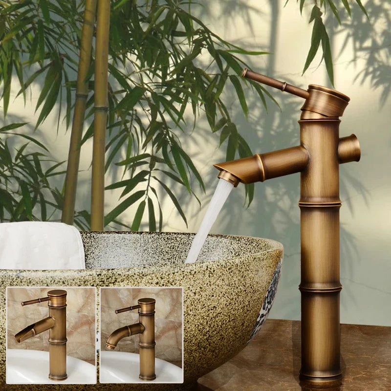 DecorBites™ Antique Brass Bamboo Basin Faucet Single Handle Hot Cold Water Tap