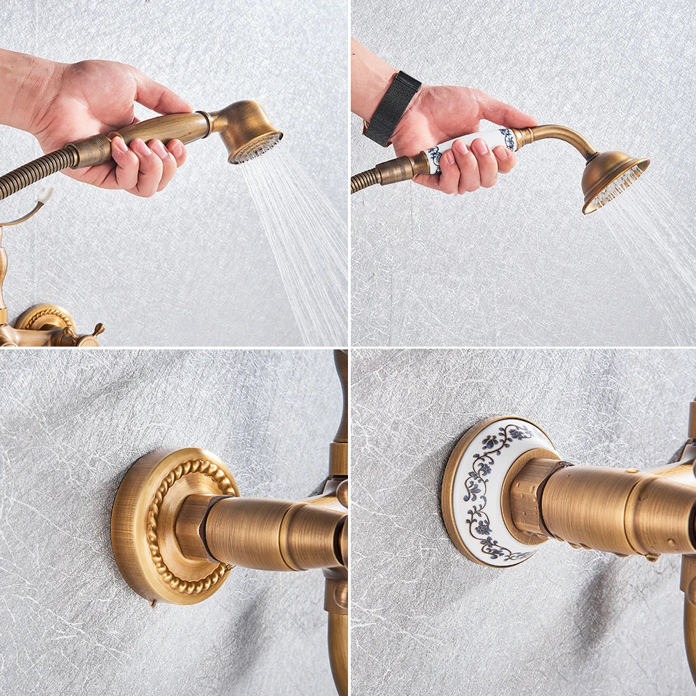 DecorBites™ Brass Antique Tub Faucet with Long Spout, Rotate Handle and Handshower