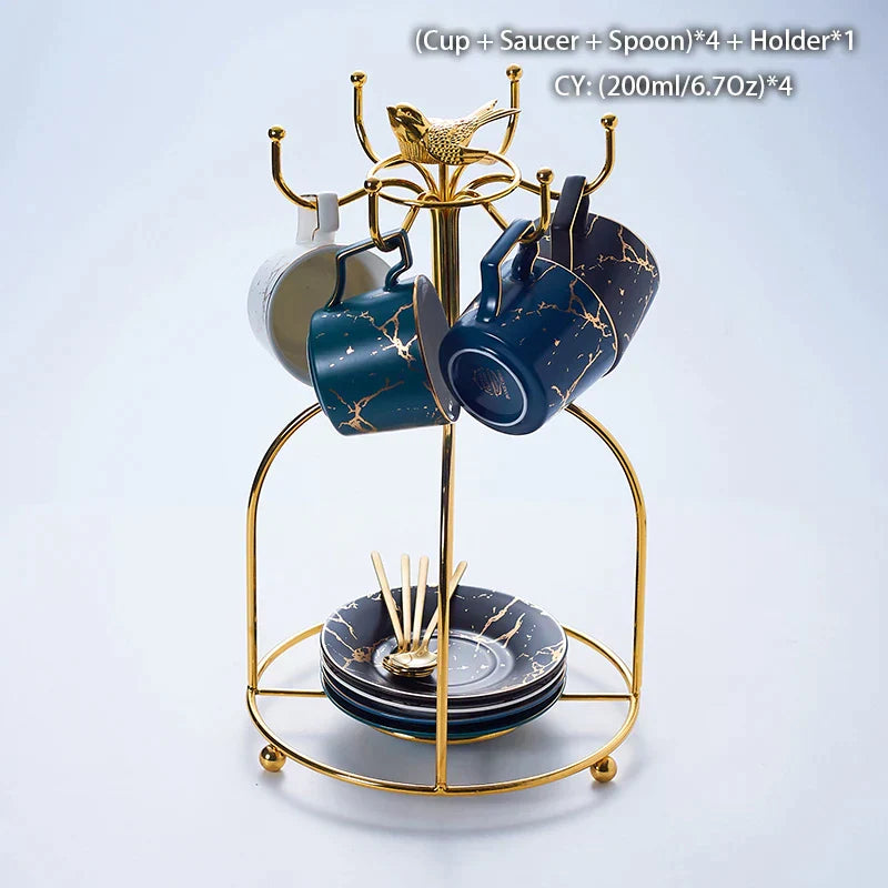 Juego de té DecorBites™ de cerámica de mármol de 200 ml con cuchara y platillo