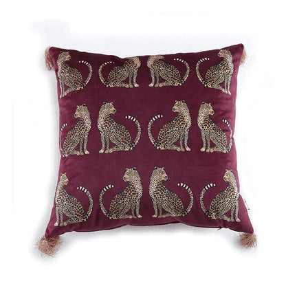 DecorBites™ Leopard Cheetah Print Fringed Cushion Cover in Dark Green, Burgundy, Black