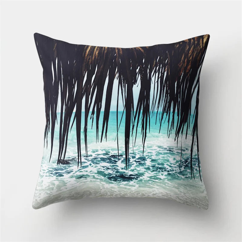 Funda de almohada DecorBites™ con hojas tropicales verdes y diseño de bosque - Decoración natural de olas del océano y montañas