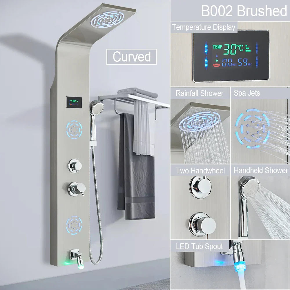 Sistema de grifería para ducha con luz LED DecorBites™: chorros de lluvia, chorros de masaje, panel de cascada con control de temperatura