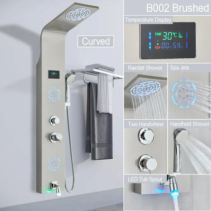 Sistema de grifería para ducha con luz LED DecorBites™: chorros de lluvia, chorros de masaje, panel de cascada con control de temperatura