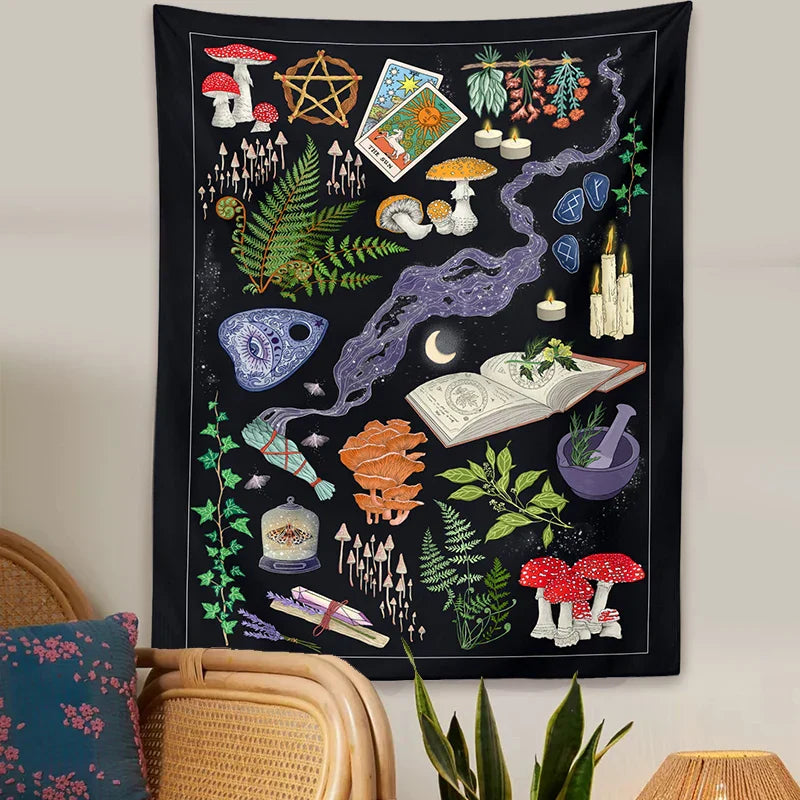 Decobites Tarot Mushrooms Moon Starry Botanical Hippie Boho Tapestry Wall Hanging