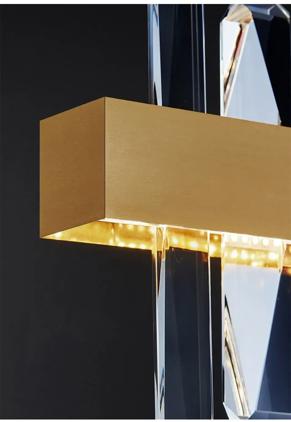 modern rectangle gold crystal chandelier featuring integrated led lighting and crystal accents designed for dining room illumination
