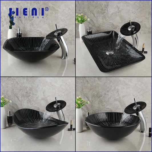 DecorBites™ Black Glass Bathroom Sink Set with Hand Painted Design & Waterfall Faucet