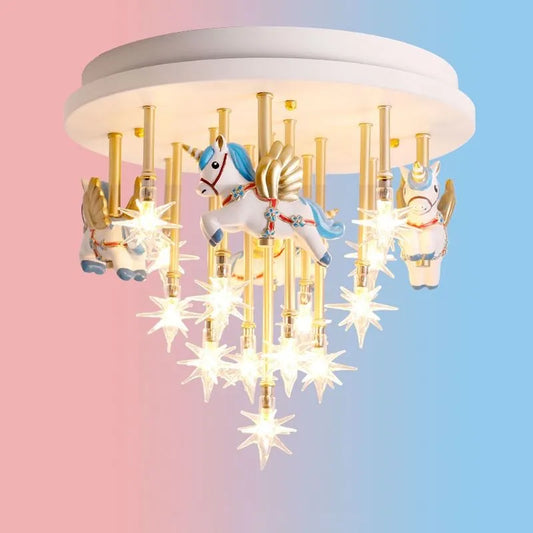 DecorBites™ Kids Resin Horse Paper Crane Ceiling Light - Blue Pink LED Bedroom Lamp