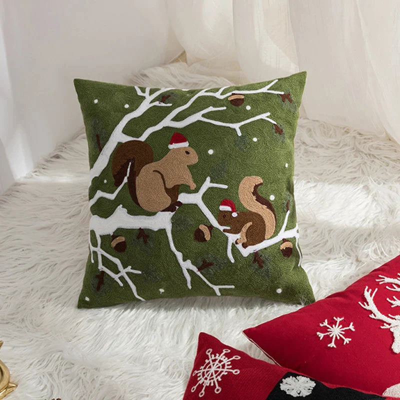 DecorBites™ Christmas Embroidered Cushion Cover 45x45cm - Red Green Santa Snowflake Deer Snowman