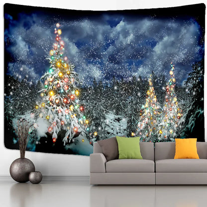 Decobites Christmas Tree Snowman Tapestry - Natural Snow Scene Oil Painting Hippie Decor