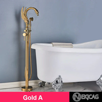 DecorBites™ Gold Swan Freestanding Bathtub Faucet with Handshower