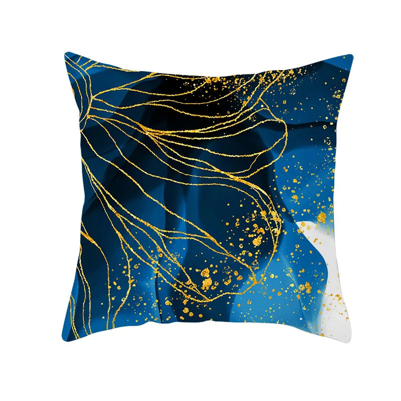 DecorBites™ Blue Ink Gold Edge Geometric Cushion Cover - Polyester Throw Pillow Case