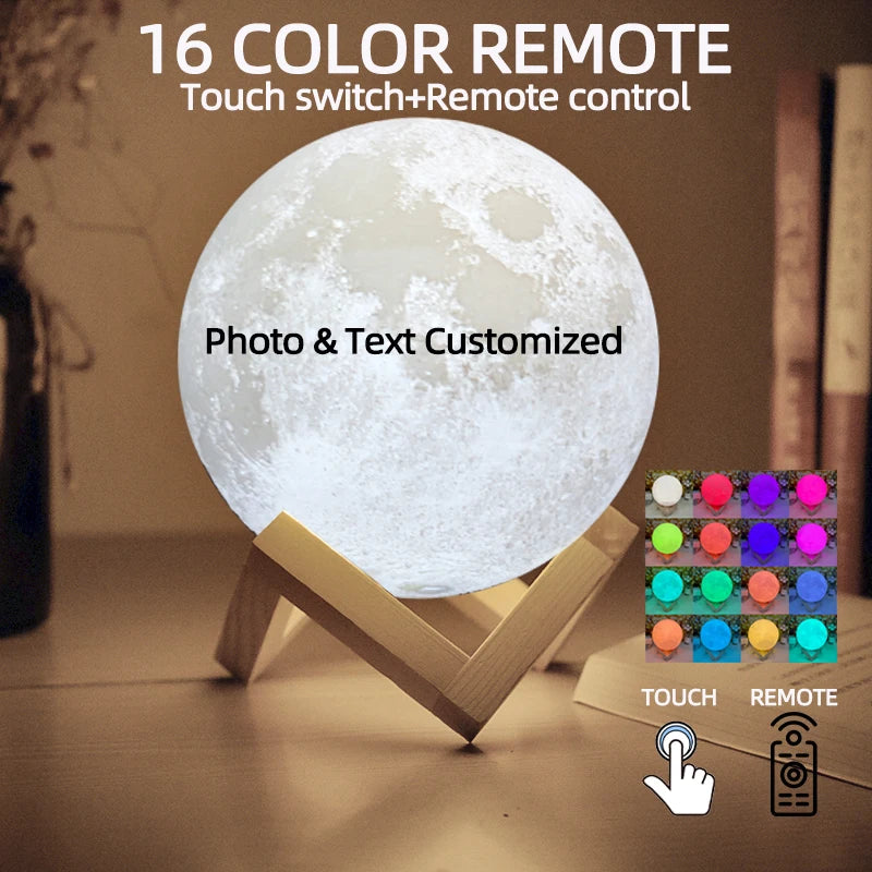 Personalized 3D Printing Moon Lamp Customized Photo Text Night Light USB Rechargeable Birthday Mother Day Lunar Christmas Gift