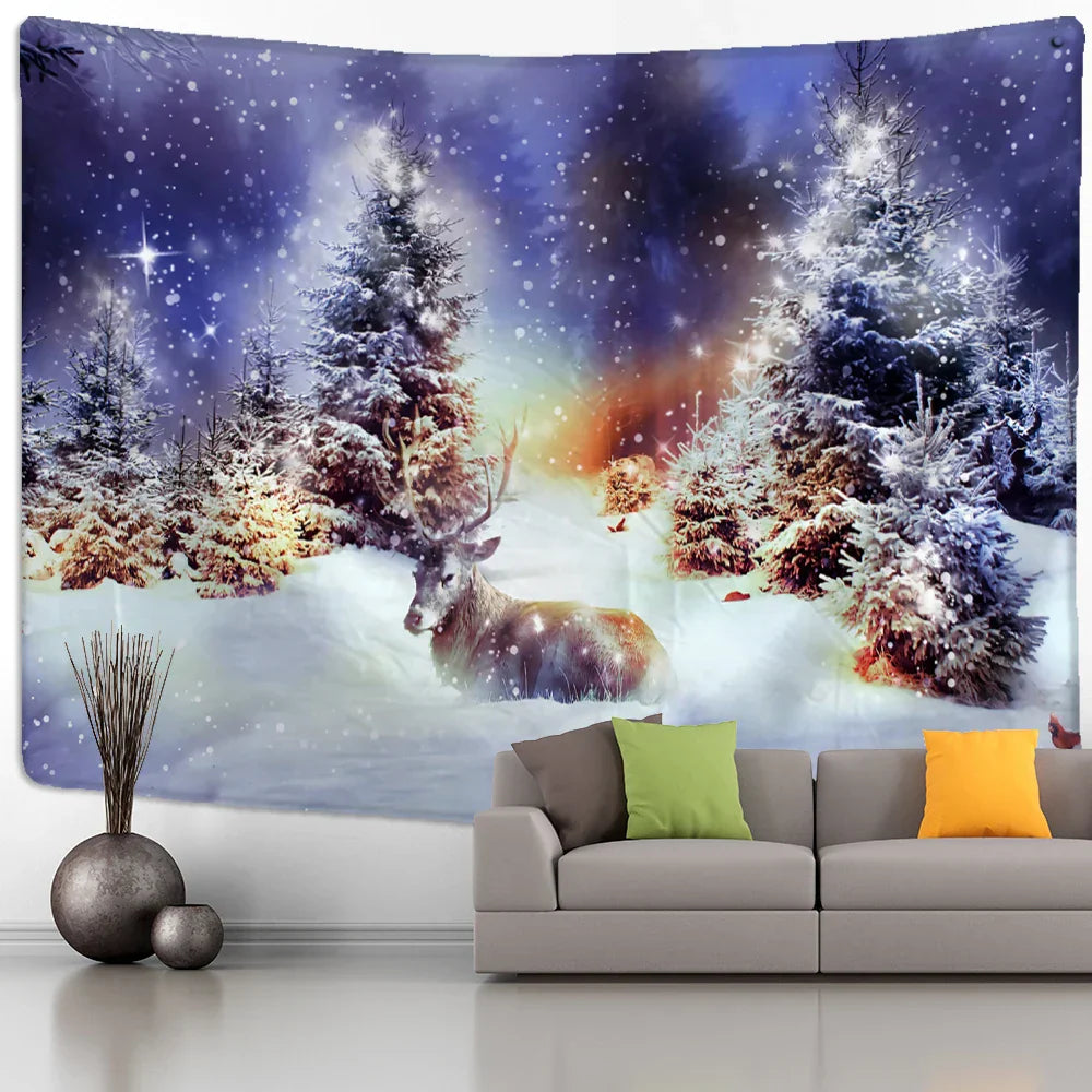 Decobites Christmas Tree Snowman Tapestry - Natural Snow Scene Oil Painting Hippie Decor