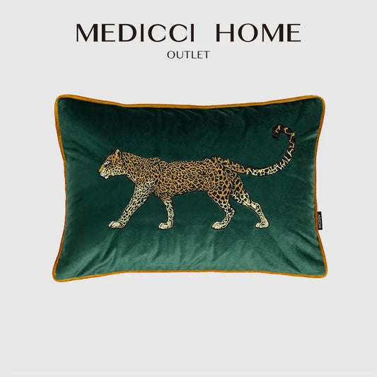 DecorBites™ Embroidered Leopard Cushion Cover in Retro Green Velvet for Luxury Living Room