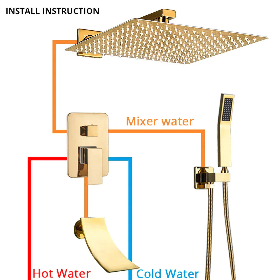 DecorBites™ Gold Rainfall Shower System with Wall Mount Mixer Tap Set