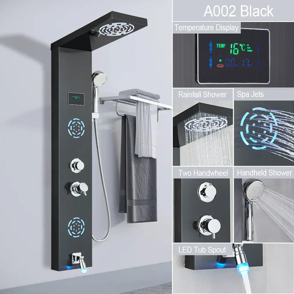 Sistema de Grifo de Ducha con Luz LED Decorbites™: Lluvia, Chorros de Masaje, Panel de Cascada con Control de Temperatura