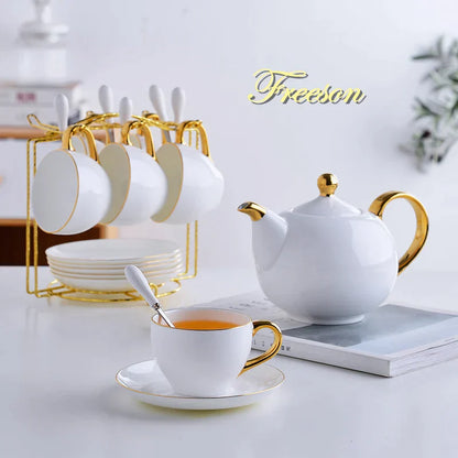 DecorBites™ Elegant Bone China Tea Set | Porcelain Teacup & Teapot Set White Gold