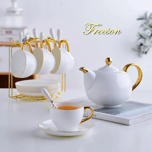 DecorBites™ Elegant Bone China Tea Set | Porcelain Teacup & Teapot Set White Gold