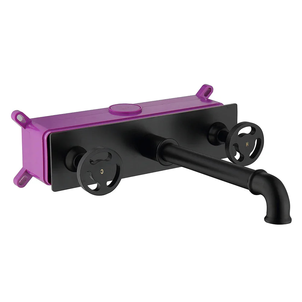 Grifo de lavabo de pared DecorBites™ de estilo industrial, color negro, con doble manija