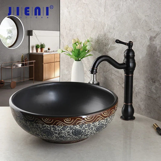 DecorBites™ Black Ceramics Sink with Hand-Painted Waterfall Design and Brass Faucet