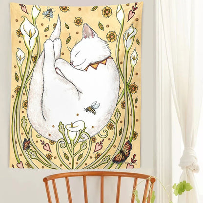 Decobites Cute Cat Botanical Flower Ins Style Cartoon Wall Art Tapestries for Home Decor