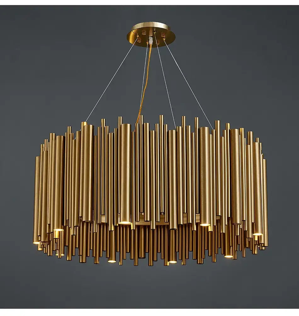 Luxury modern round gold chandelier featuring cylindrical rods arranged in a circular pattern ideal for living room radial pendant lighting.
