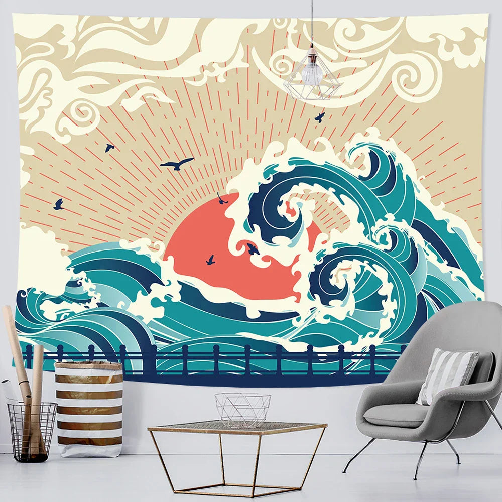 Decobites Sea Sunrise Japanese Home Art Tapestry Hippie Bohemian Wall Bed Sofa Blanket