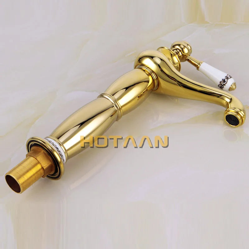 Grifo de Lavabo con Acabado en Oro Decorbites™ con Mango Único y Llaves de Cerámica