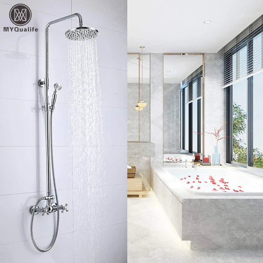 DecorBites™ Dual Handle Chrome Brass Shower Mixer System with 8" Rainfall Shower Head