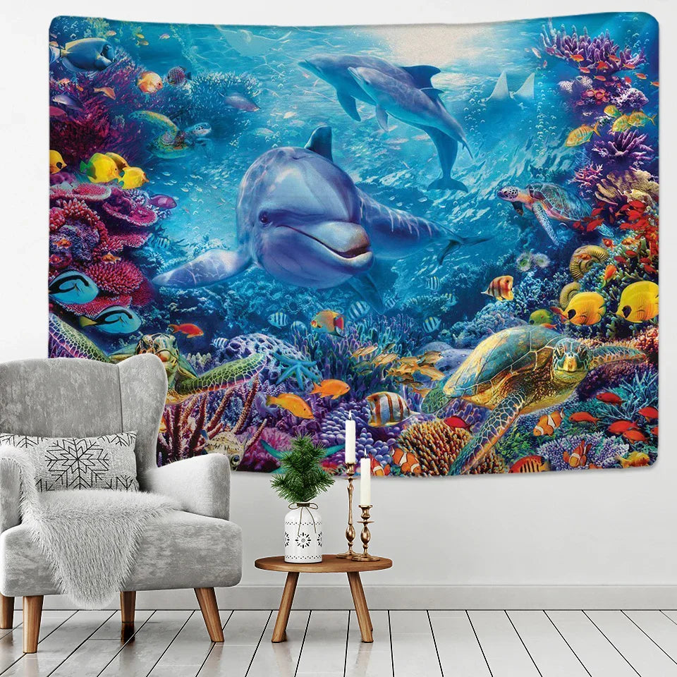 Decobites Rainbow Sea Turtle Dolphin Tapestry Wall Hanging Yoga Mat Beach Towel